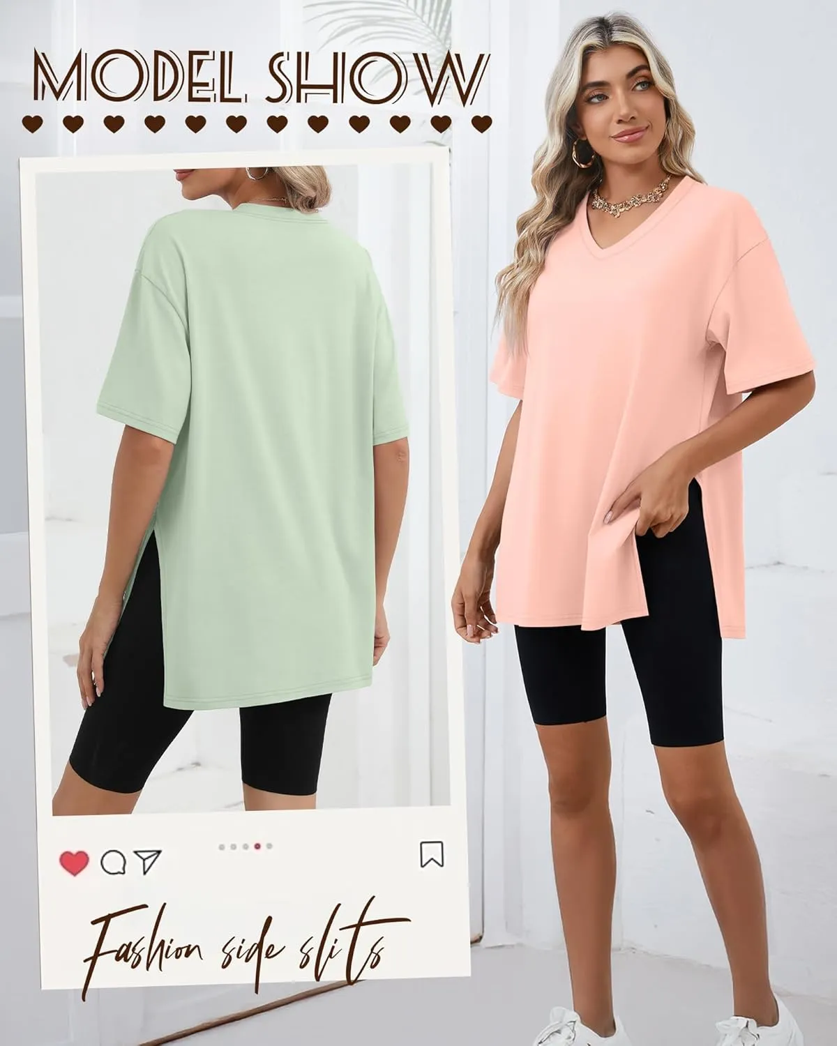 Huukeay 3 Pack Oversized Shirts for Women V Neck Workout T Shirt Casual Side Split Tee Short Sleeve Loose Tops Tunic Tops