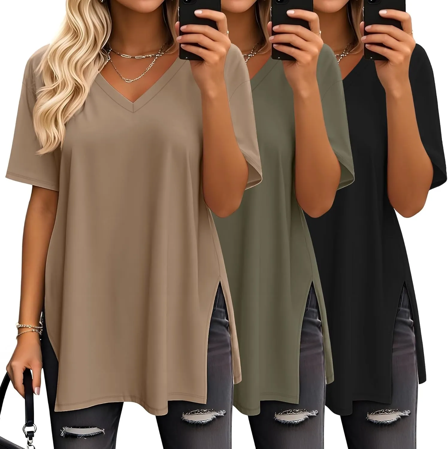 Huukeay 3 Pack Oversized Shirts for Women V Neck Workout T Shirt Casual Side Split Tee Short Sleeve Loose Tops Tunic Tops