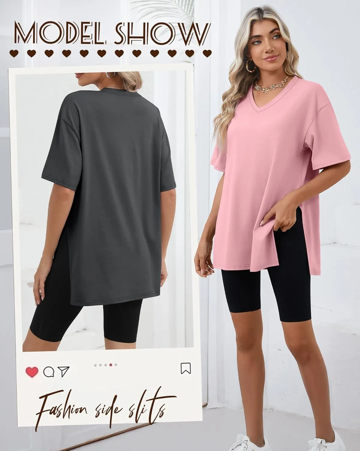 Huukeay 3 Pack Oversized Shirts for Women V Neck Workout T Shirt Casual Side Split Tee Short Sleeve Loose Tops Tunic Tops