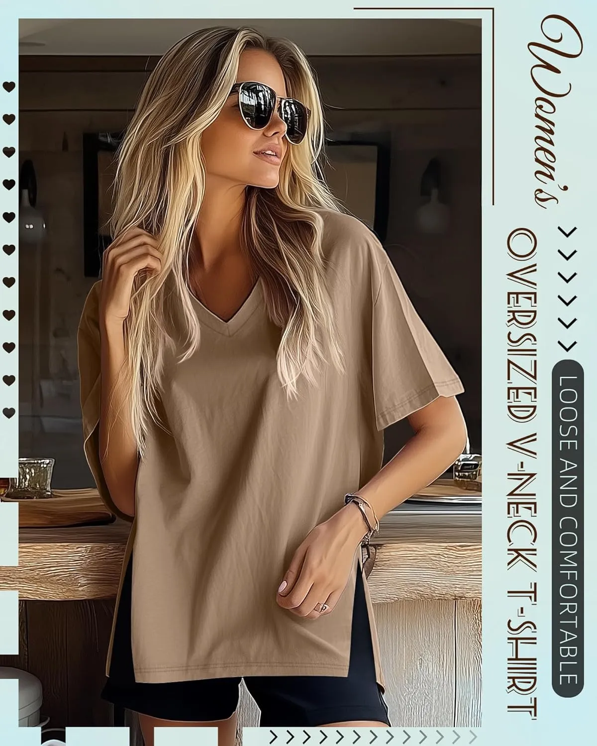 Huukeay 3 Pack Oversized Shirts for Women V Neck Workout T Shirt Casual Side Split Tee Short Sleeve Loose Tops Tunic Tops