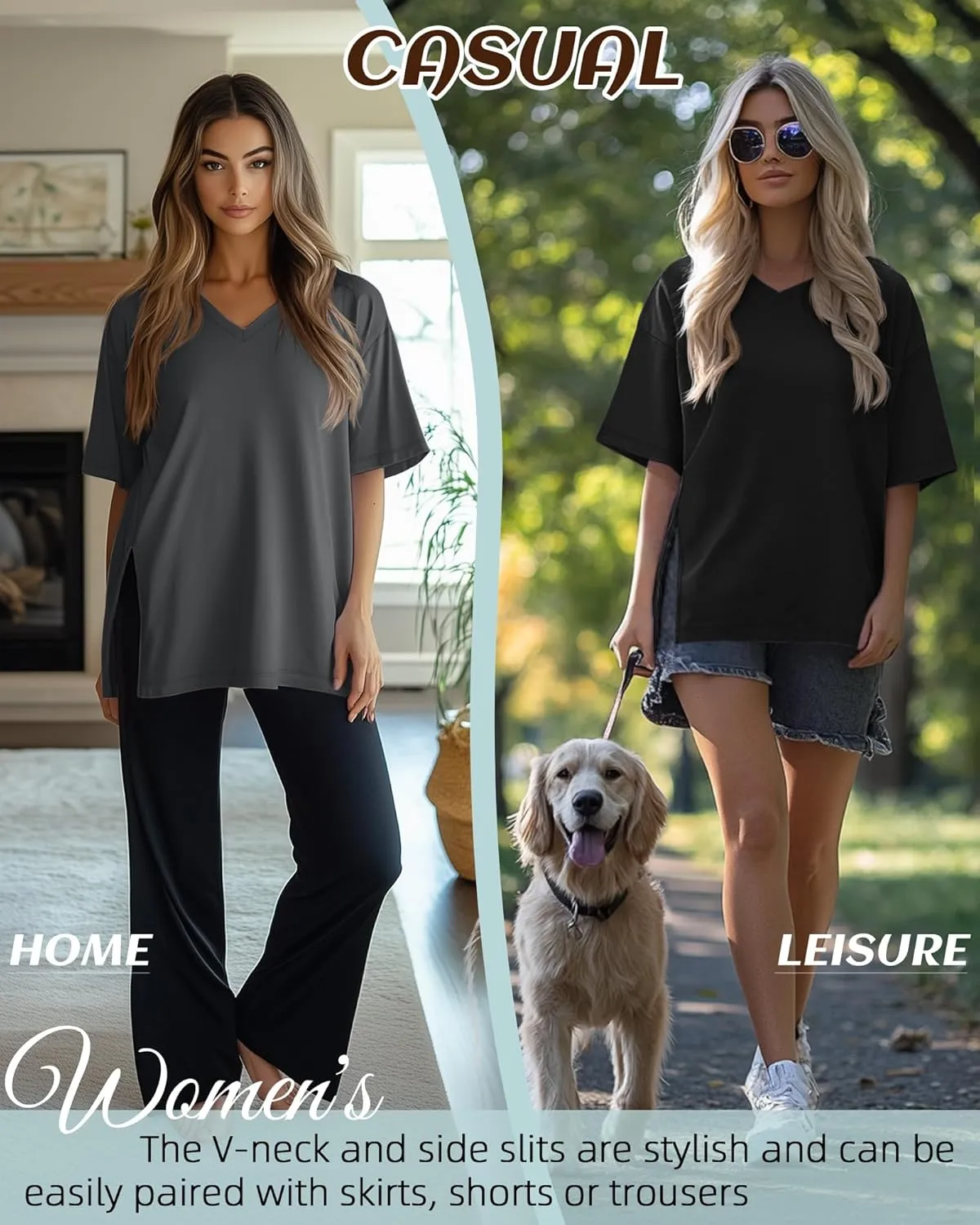 Huukeay 3 Pack Oversized Shirts for Women V Neck Workout T Shirt Casual Side Split Tee Short Sleeve Loose Tops Tunic Tops