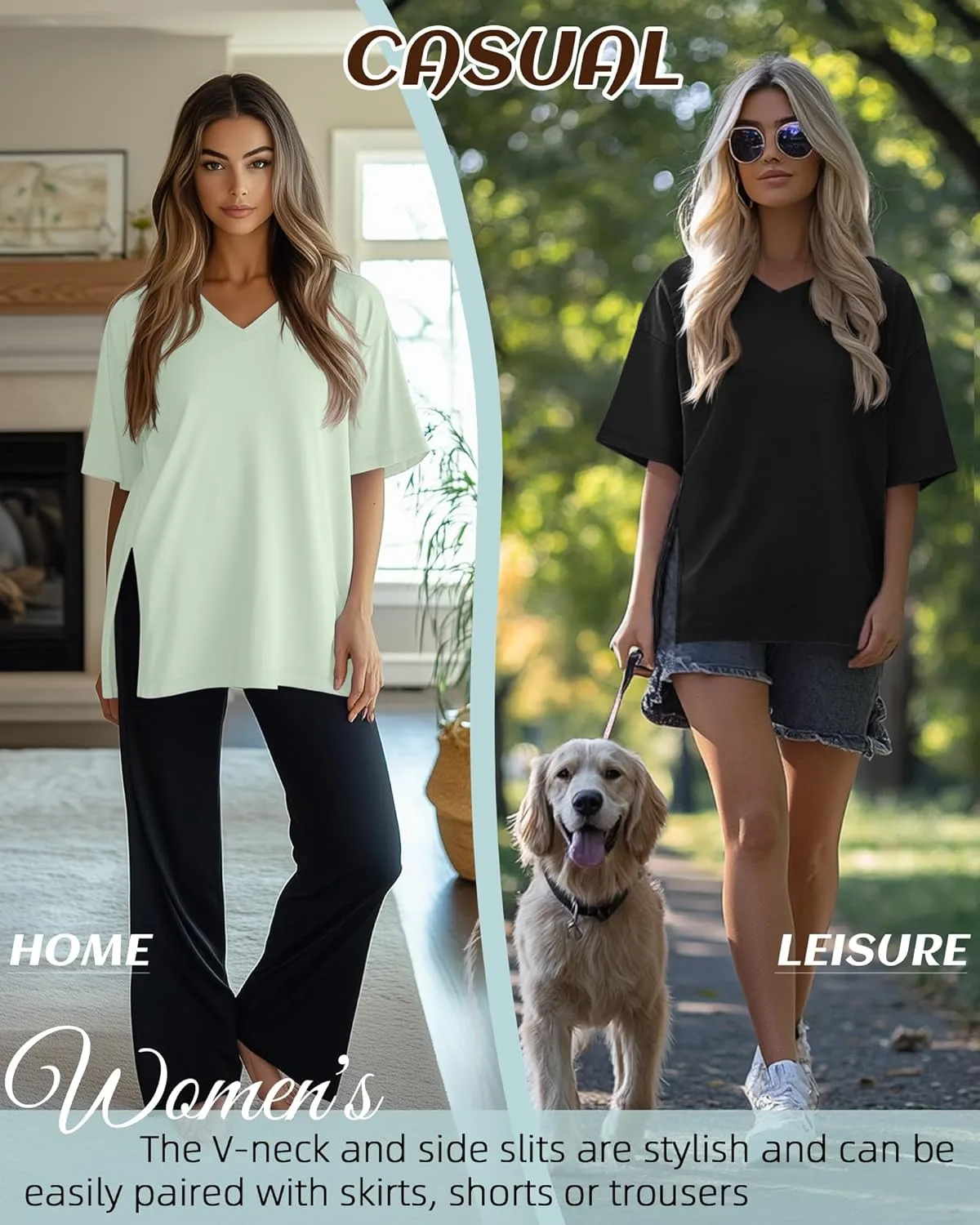 Huukeay 3 Pack Oversized Shirts for Women V Neck Workout T Shirt Casual Side Split Tee Short Sleeve Loose Tops Tunic Tops