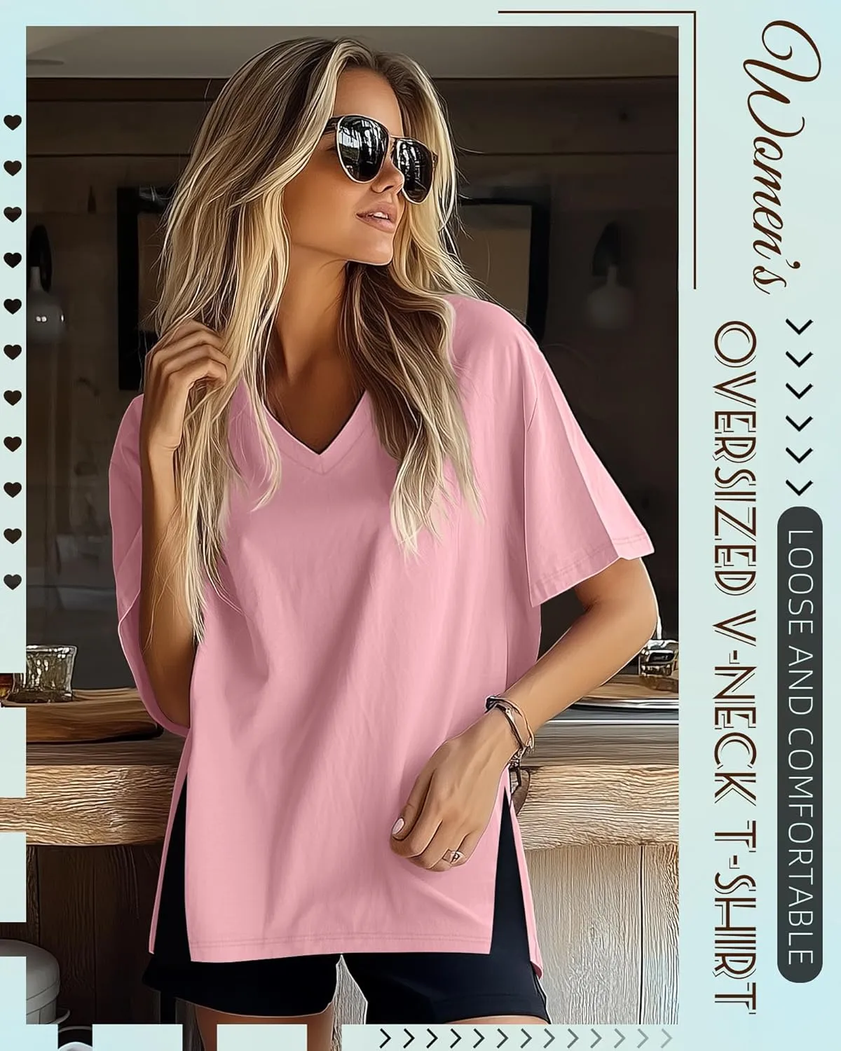 Huukeay 3 Pack Oversized Shirts for Women V Neck Workout T Shirt Casual Side Split Tee Short Sleeve Loose Tops Tunic Tops