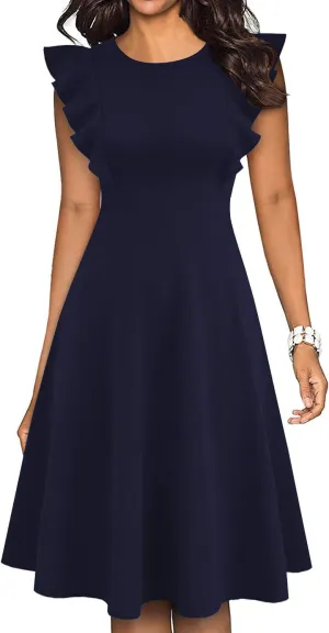 IHOT Women's Vintage Ruffle Floral Flared A Line Swing Casual Cocktail Party Dresses with Pockets