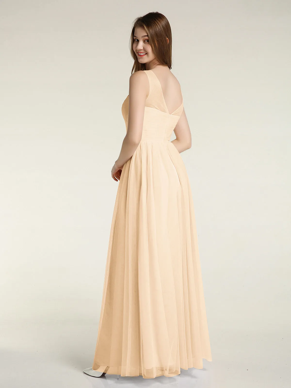Illusion Neck Cross Tulle Bridesmaid Dresses-Peach