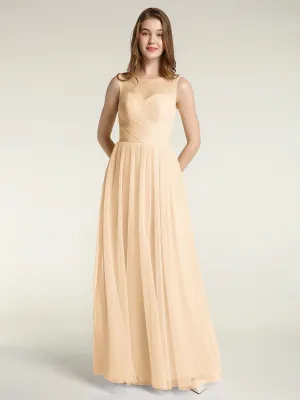 Illusion Neck Cross Tulle Bridesmaid Dresses-Peach