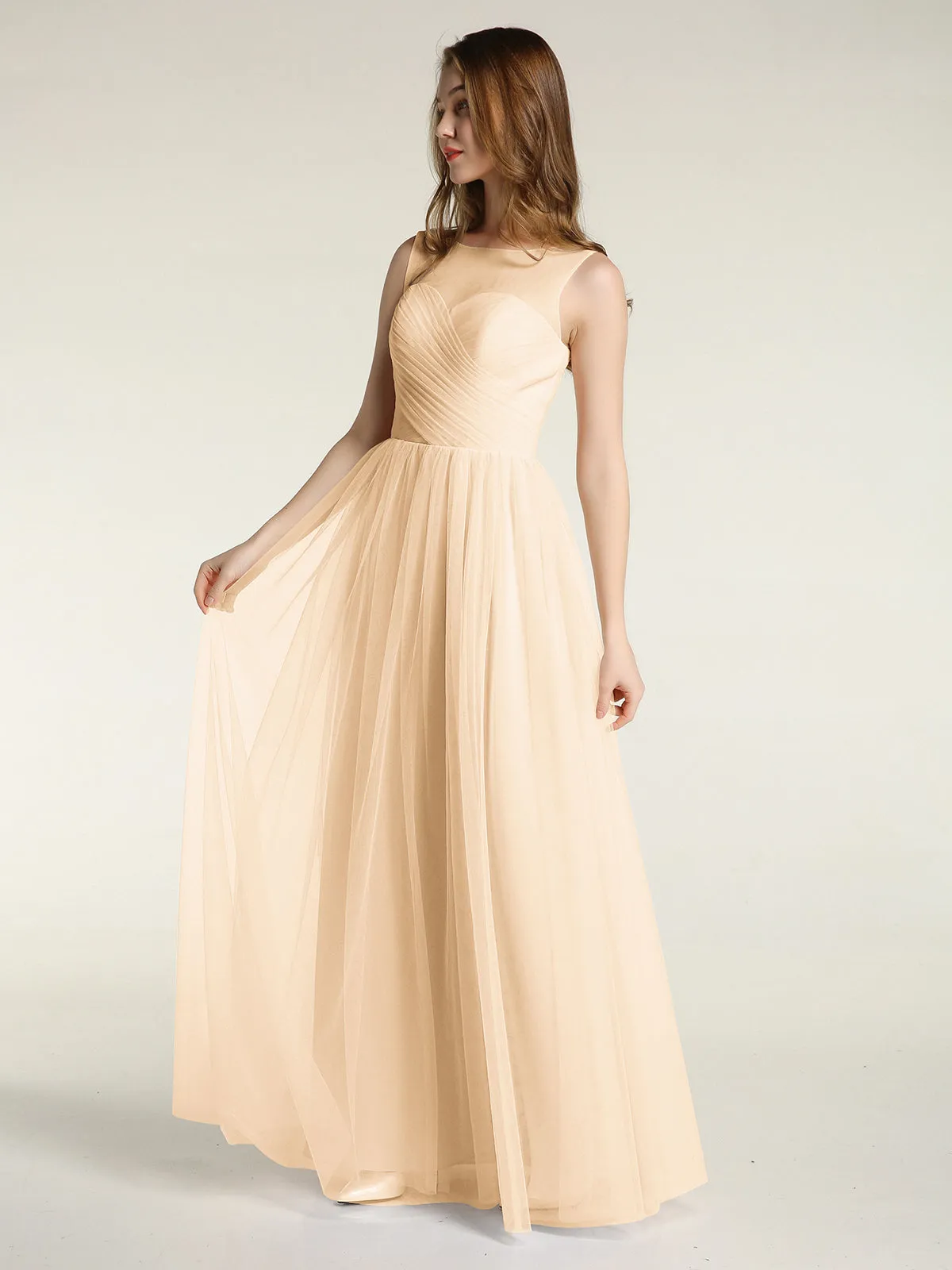 Illusion Neck Cross Tulle Bridesmaid Dresses-Peach