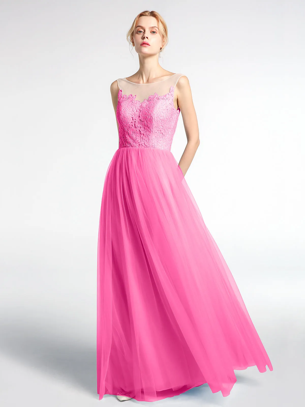 Illusion Neckline Lace and Tulle Maxi Dress-Azalea