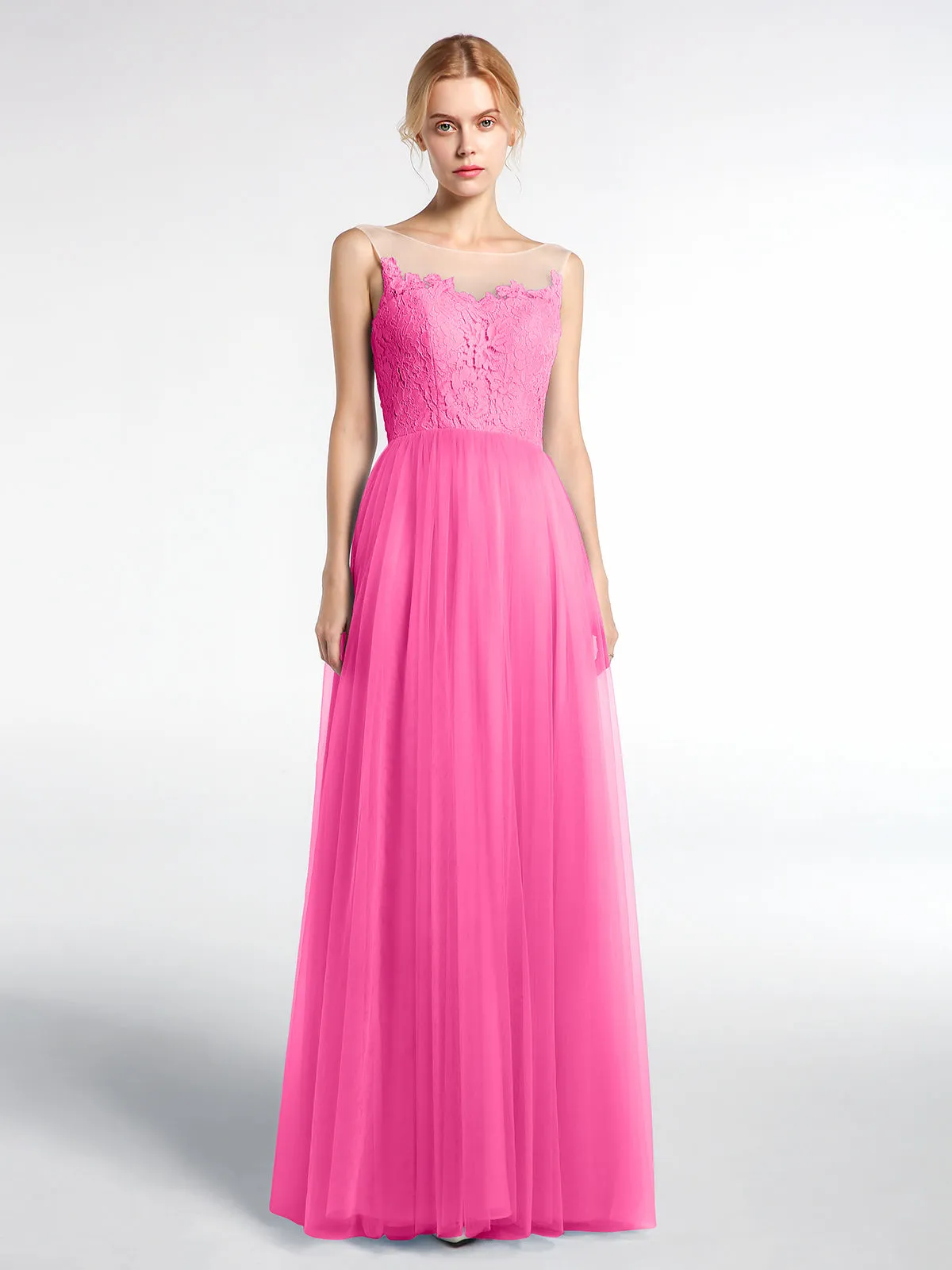 Illusion Neckline Lace and Tulle Maxi Dress-Azalea