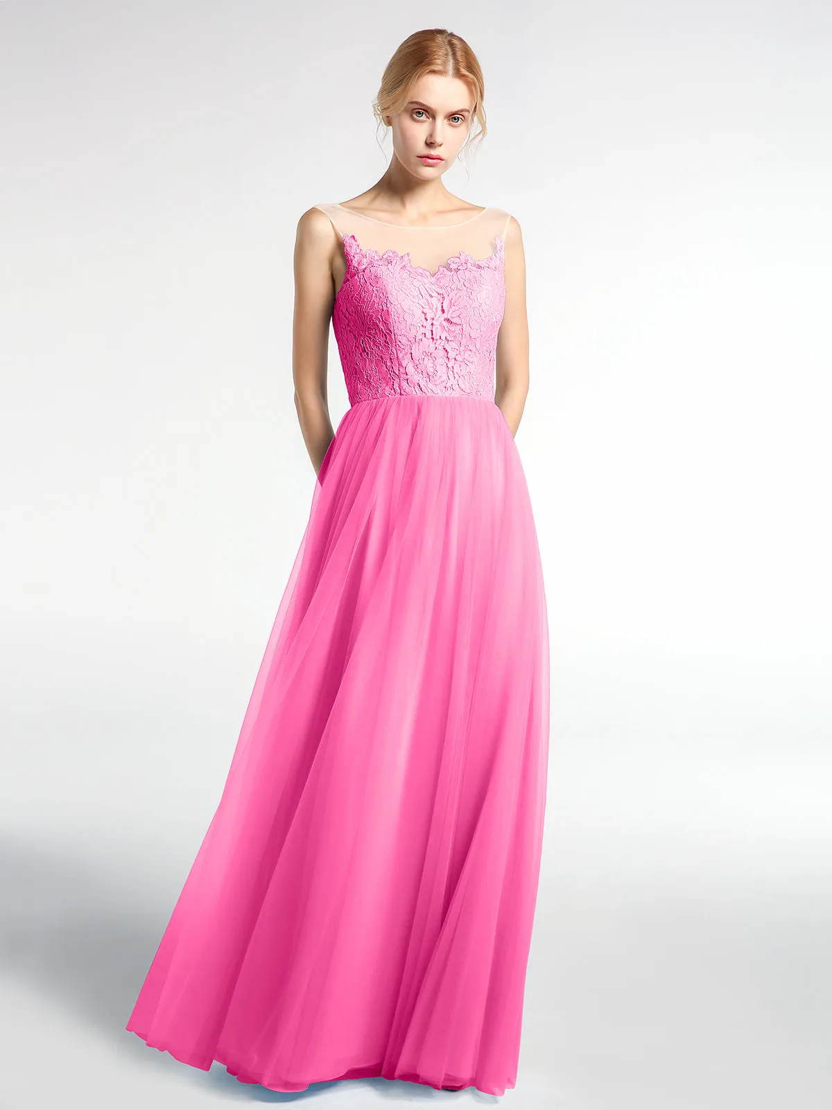 Illusion Neckline Lace and Tulle Maxi Dress-Azalea