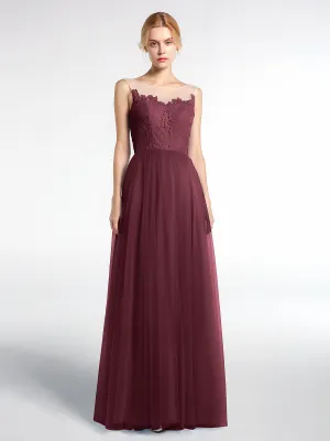 Illusion Neckline Lace and Tulle Maxi Dress-Cabernet