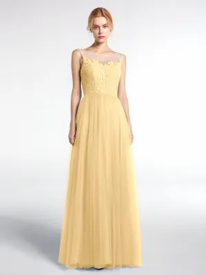Illusion Neckline Lace and Tulle Maxi Dress-Gold