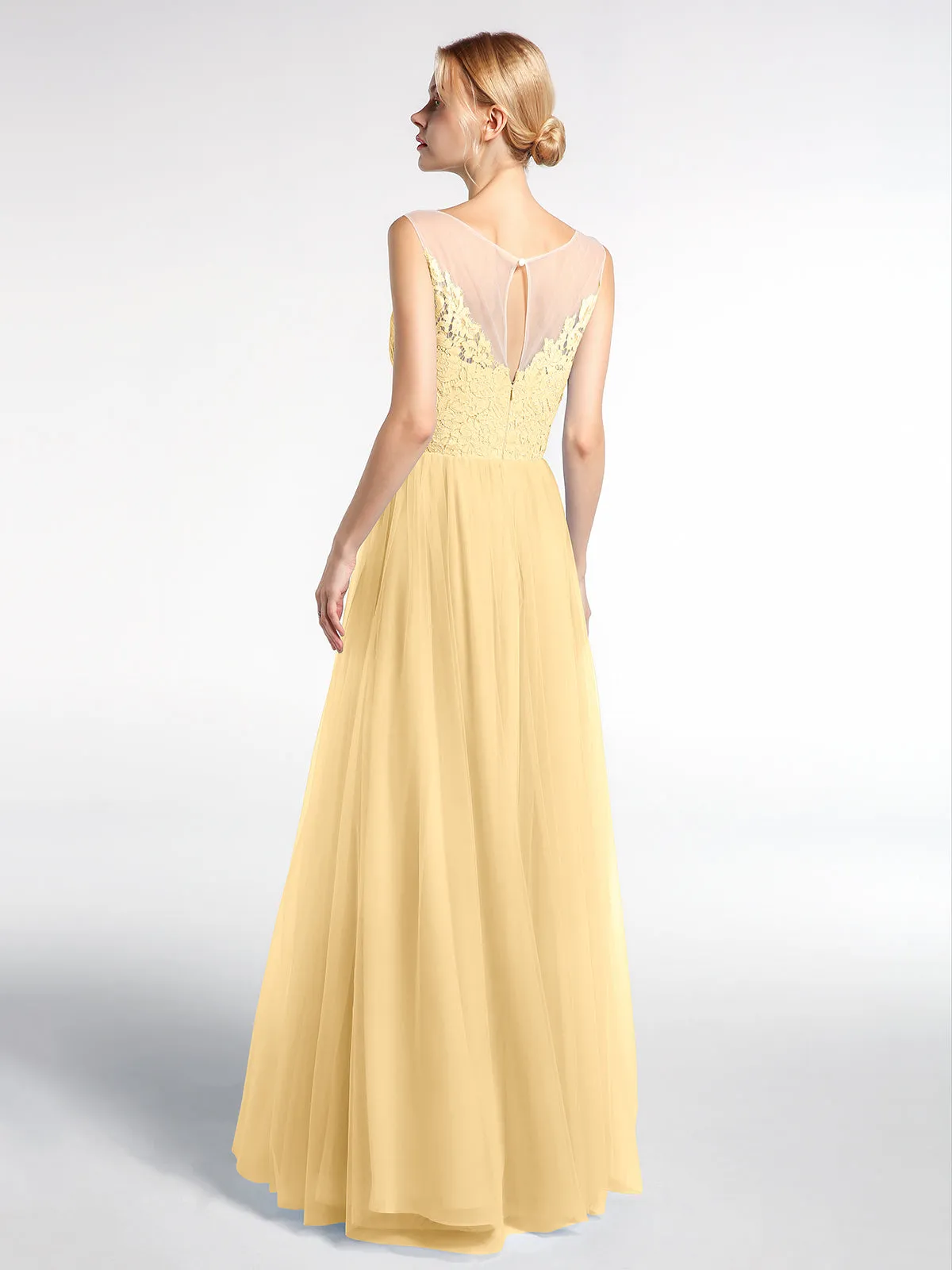 Illusion Neckline Lace and Tulle Maxi Dress-Gold