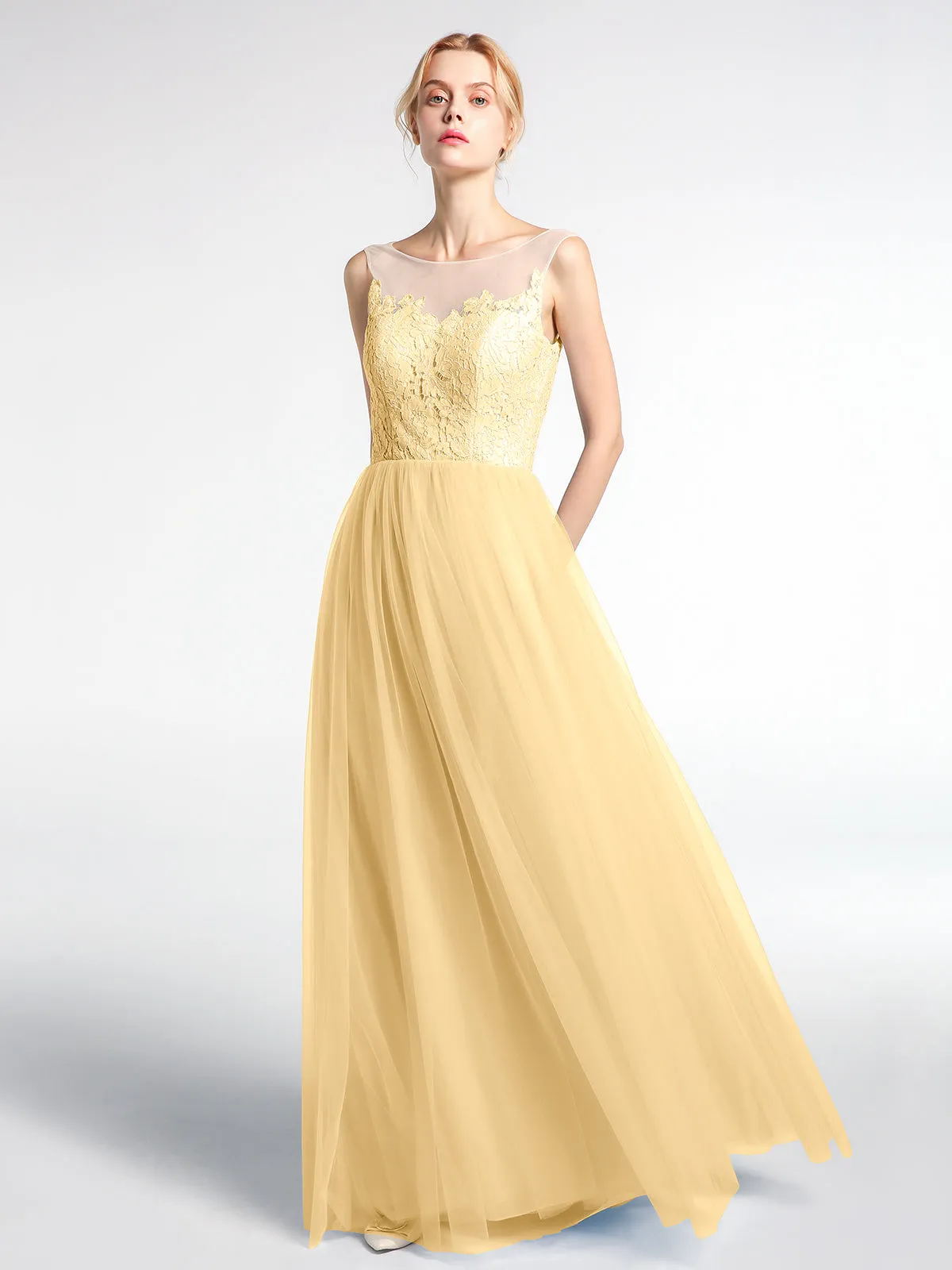 Illusion Neckline Lace and Tulle Maxi Dress-Gold