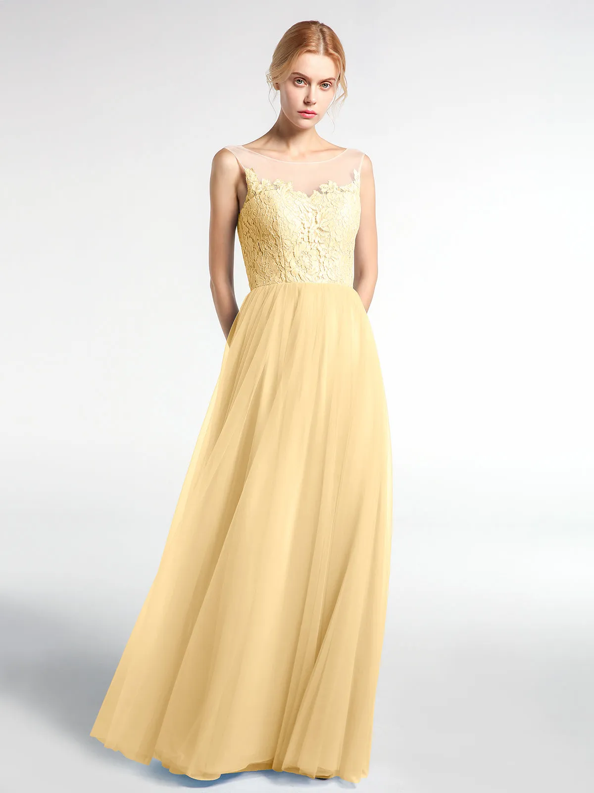 Illusion Neckline Lace and Tulle Maxi Dress-Gold