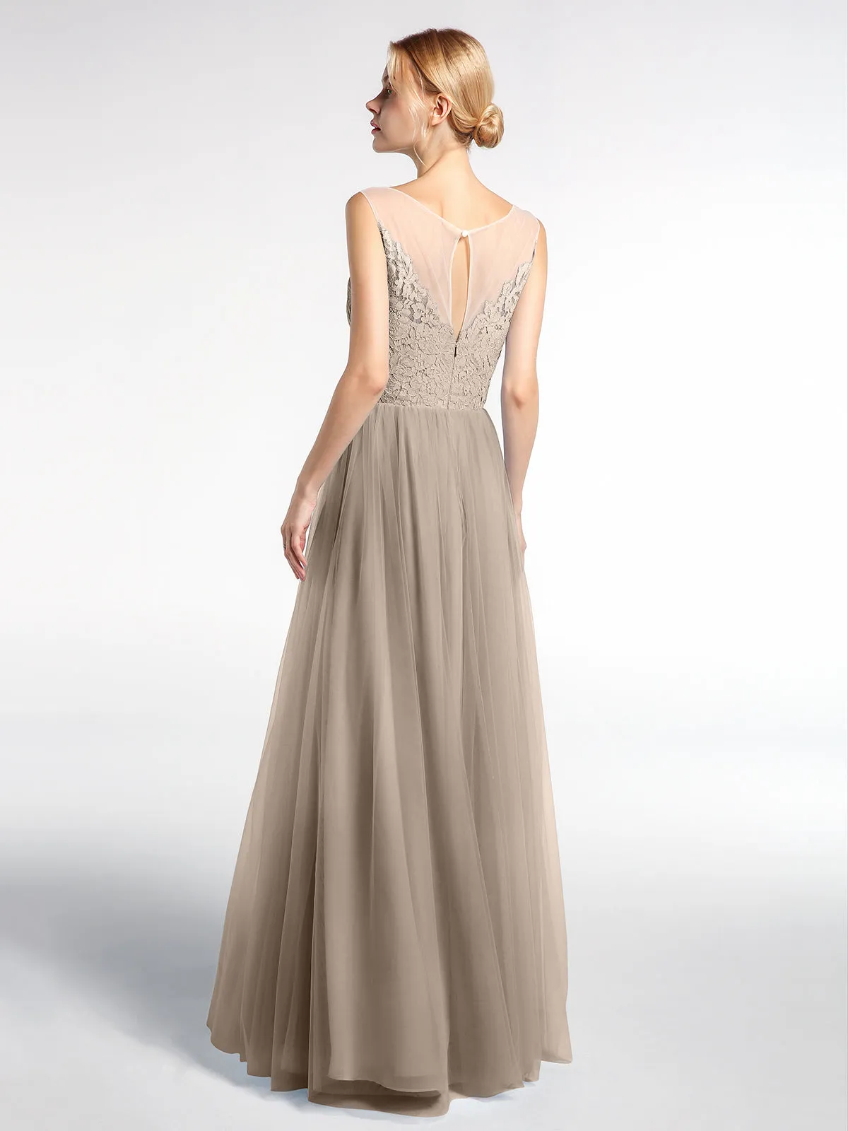 Illusion Neckline Lace and Tulle Maxi Dress-Taupe