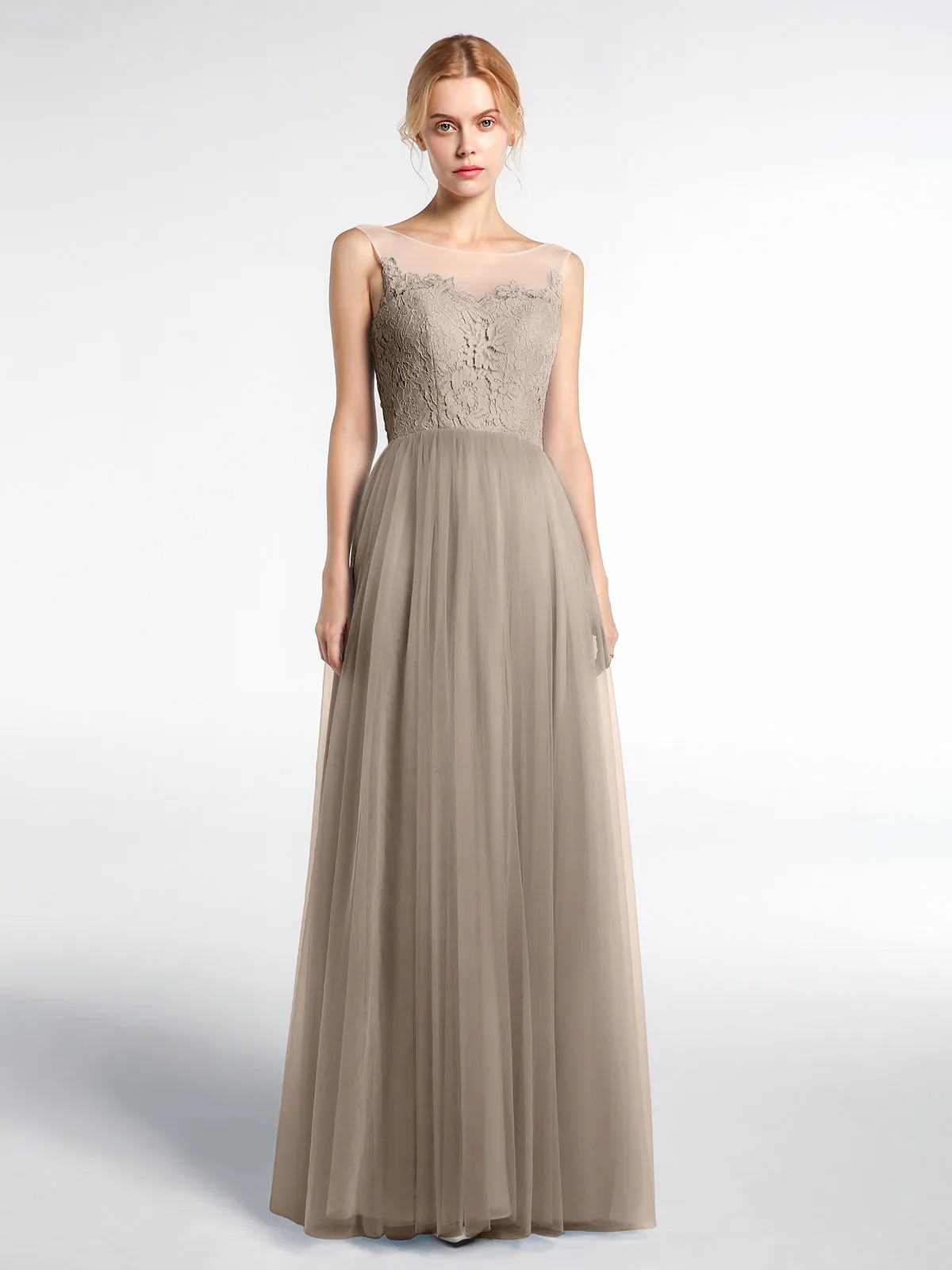 Illusion Neckline Lace and Tulle Maxi Dress-Taupe