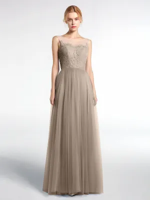 Illusion Neckline Lace and Tulle Maxi Dress-Taupe