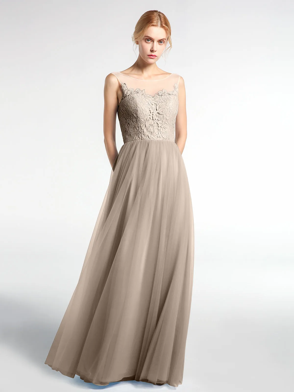 Illusion Neckline Lace and Tulle Maxi Dress-Taupe