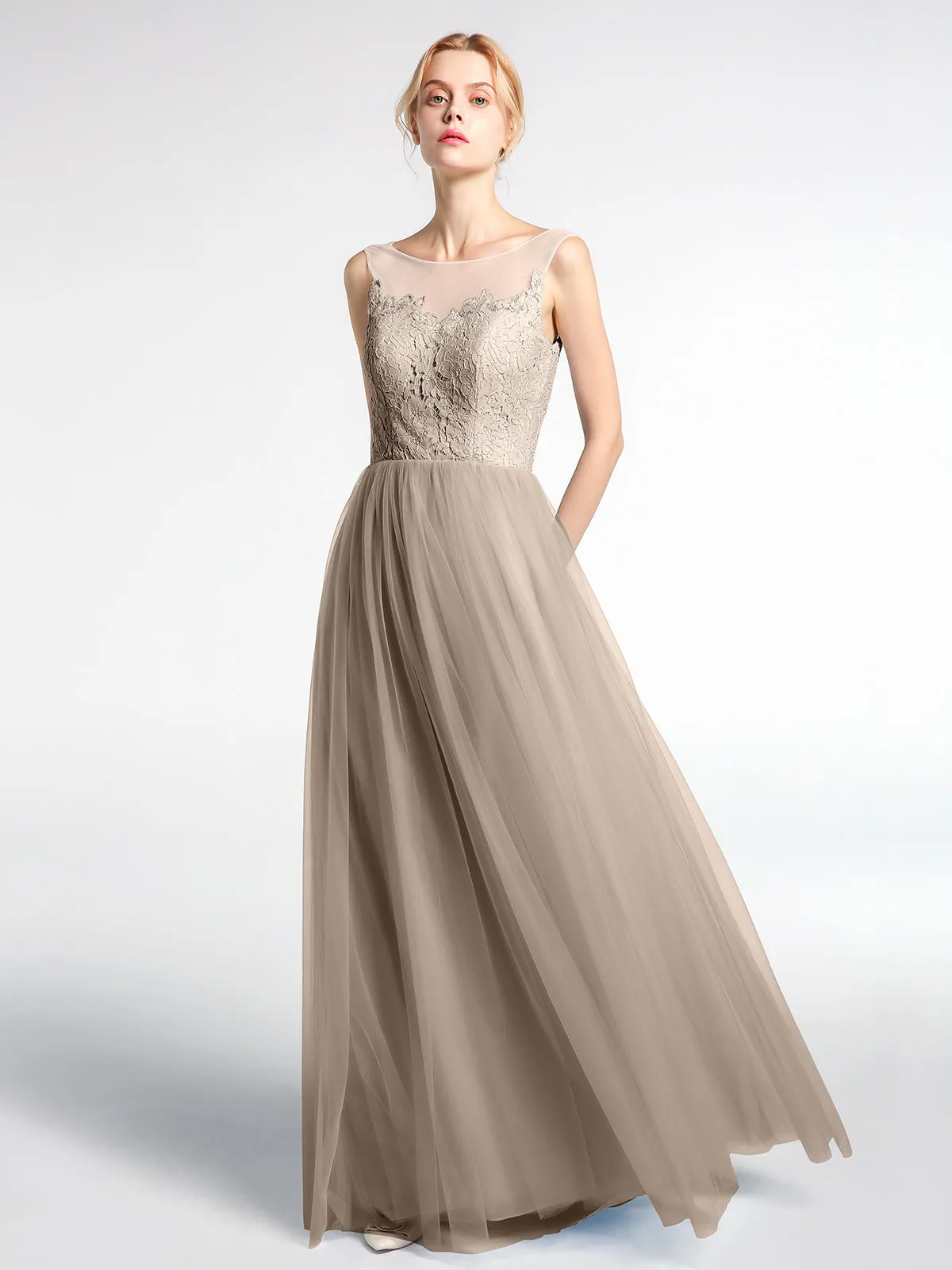 Illusion Neckline Lace and Tulle Maxi Dress-Taupe