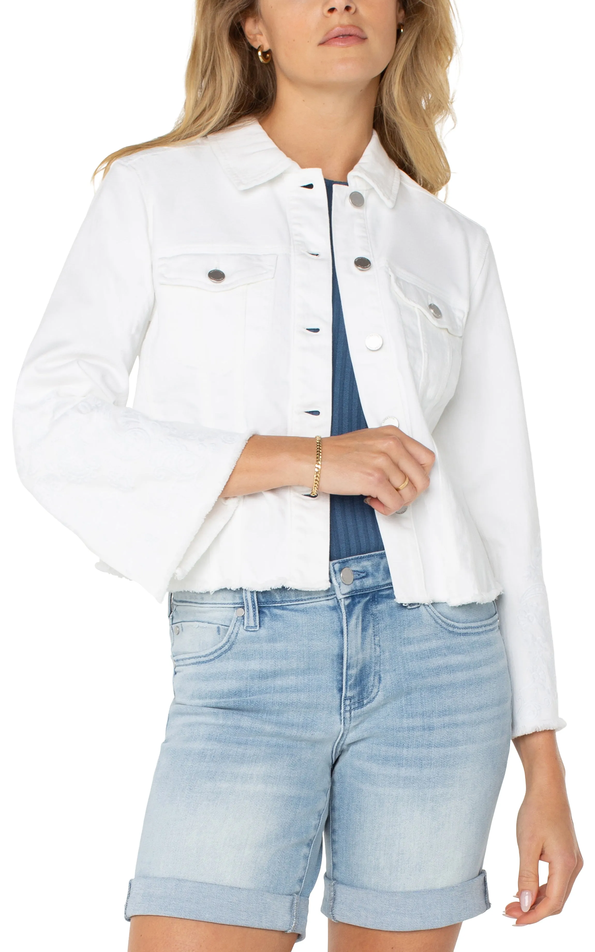JACKET WITH FRAY HEM & PAISLEY EMBROIDERY
