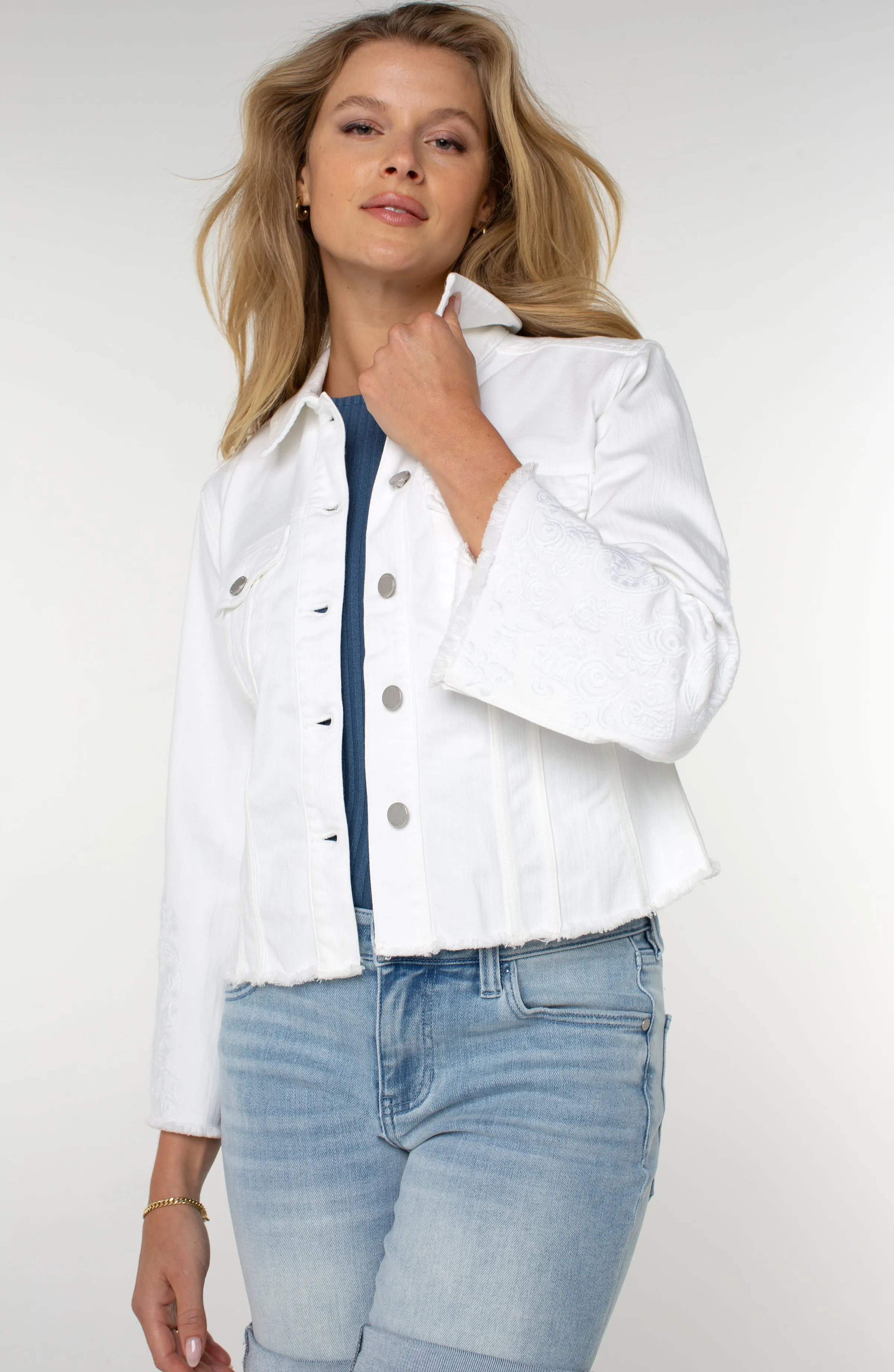 JACKET WITH FRAY HEM & PAISLEY EMBROIDERY