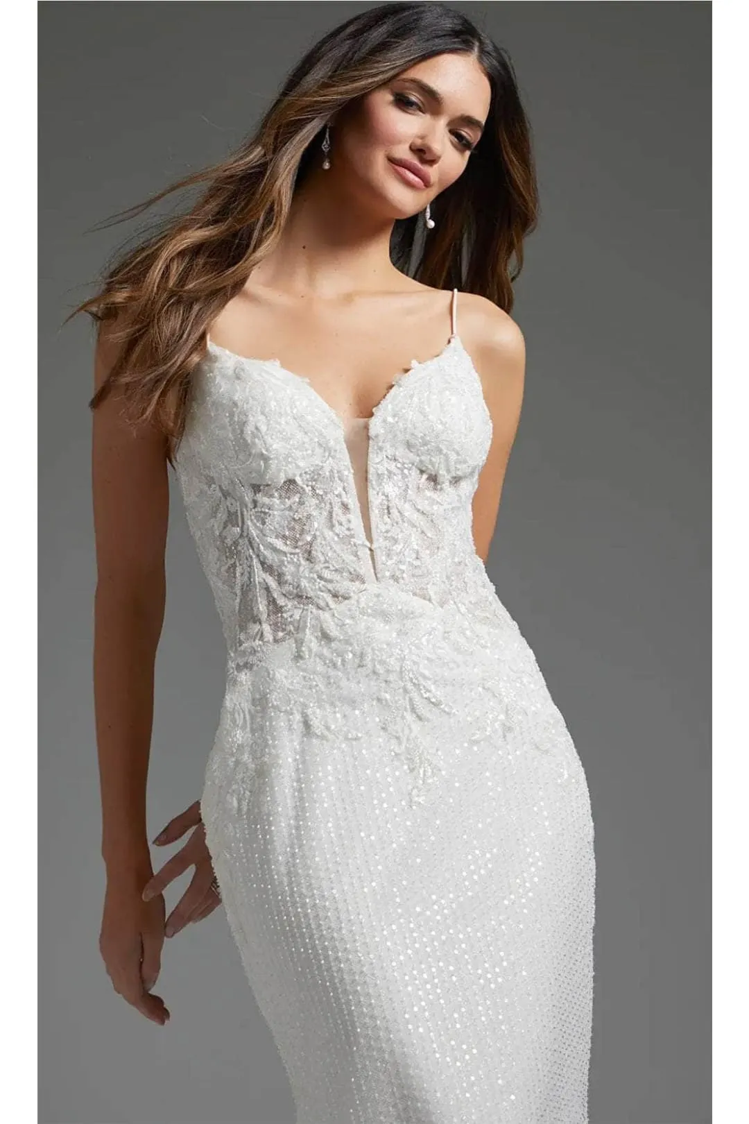 Jovani JB40639 - Plunging Bridal Gown with Beaded Appliqués