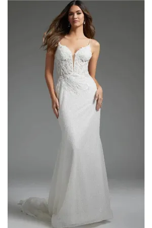 Jovani JB40639 - Plunging Bridal Gown with Beaded Appliqués