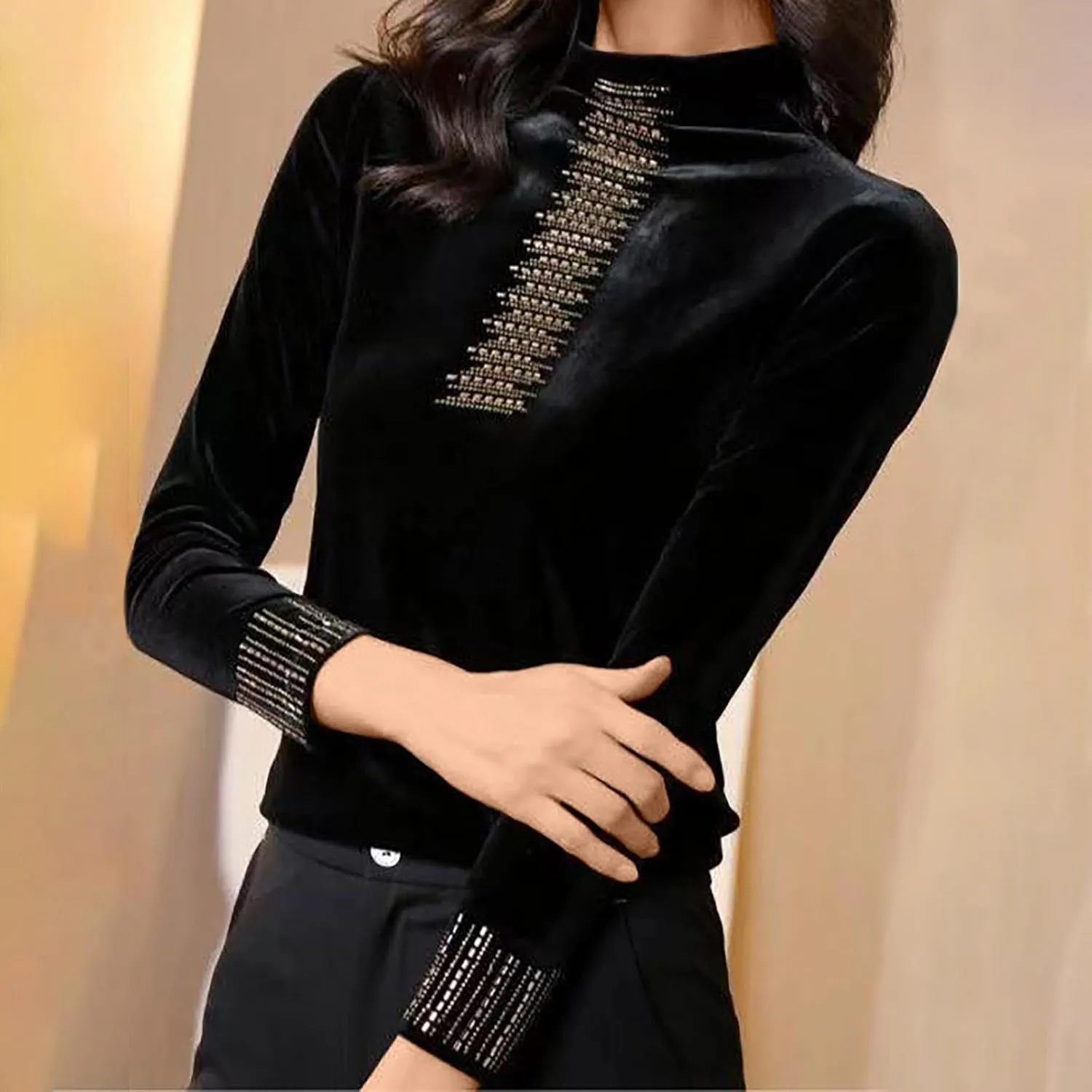 jovati Velour Long Shirt for Women Velvet Half High Neck Pullover Tops Plus Size Loose Long Sleeve T Shirts Tunic Blouse