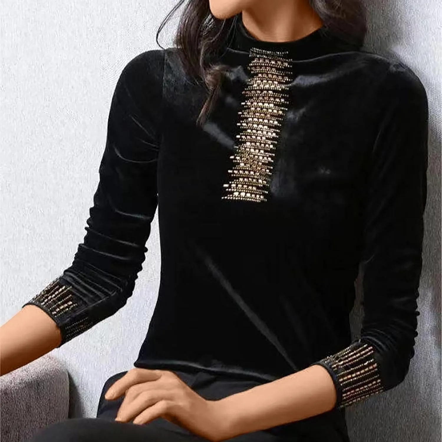 jovati Velour Long Shirt for Women Velvet Half High Neck Pullover Tops Plus Size Loose Long Sleeve T Shirts Tunic Blouse