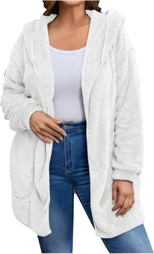 jovati Womens Winter Long Sleeve Solid Fuzzy Fleece Open Front Hooded Cardigans Jacket Coats Outerwear with Pocket 2024