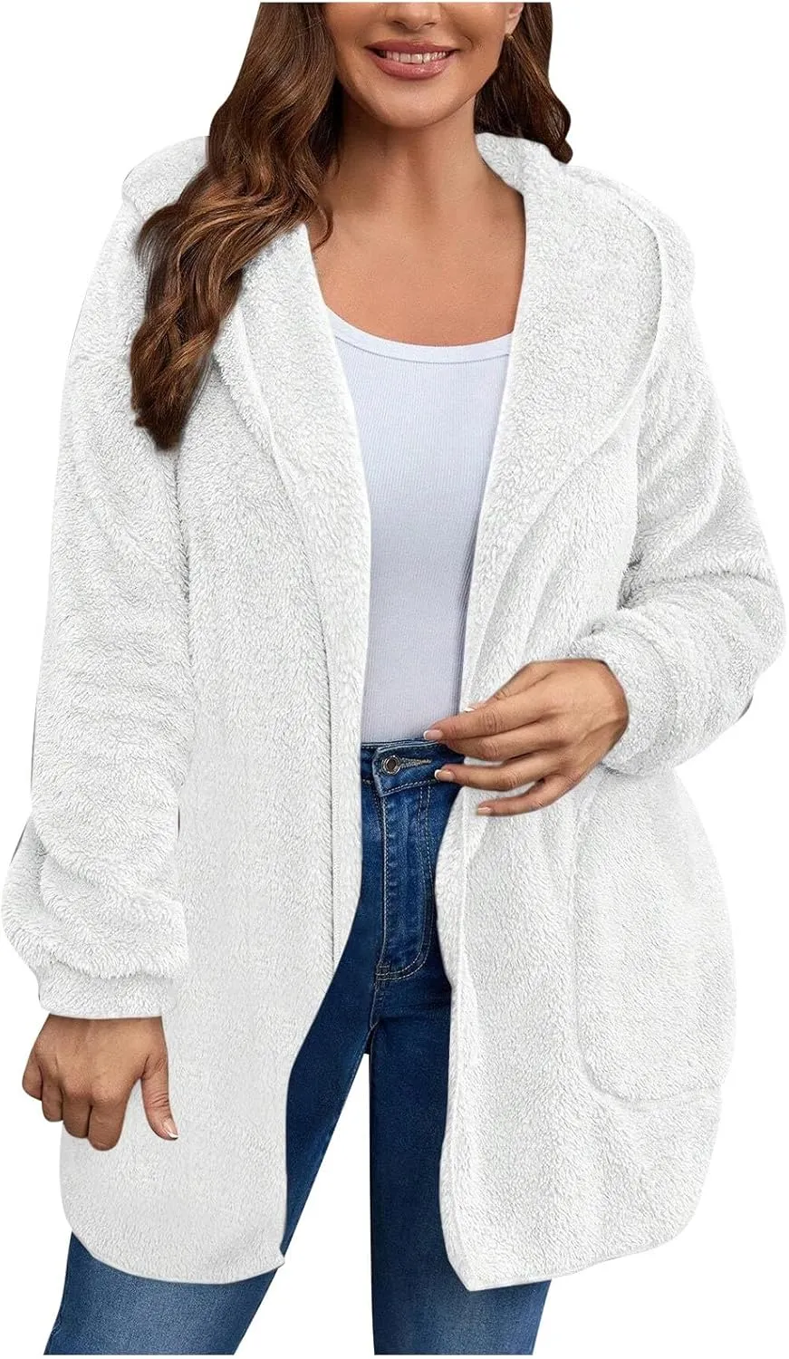 jovati Womens Winter Long Sleeve Solid Fuzzy Fleece Open Front Hooded Cardigans Jacket Coats Outerwear with Pocket 2024
