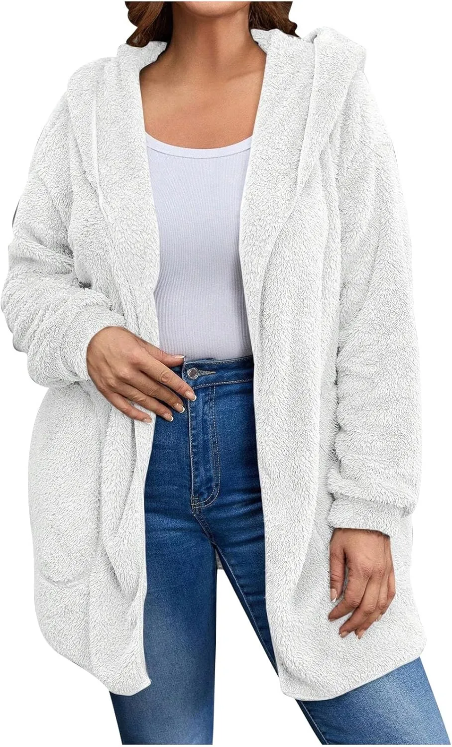 jovati Womens Winter Long Sleeve Solid Fuzzy Fleece Open Front Hooded Cardigans Jacket Coats Outerwear with Pocket 2024