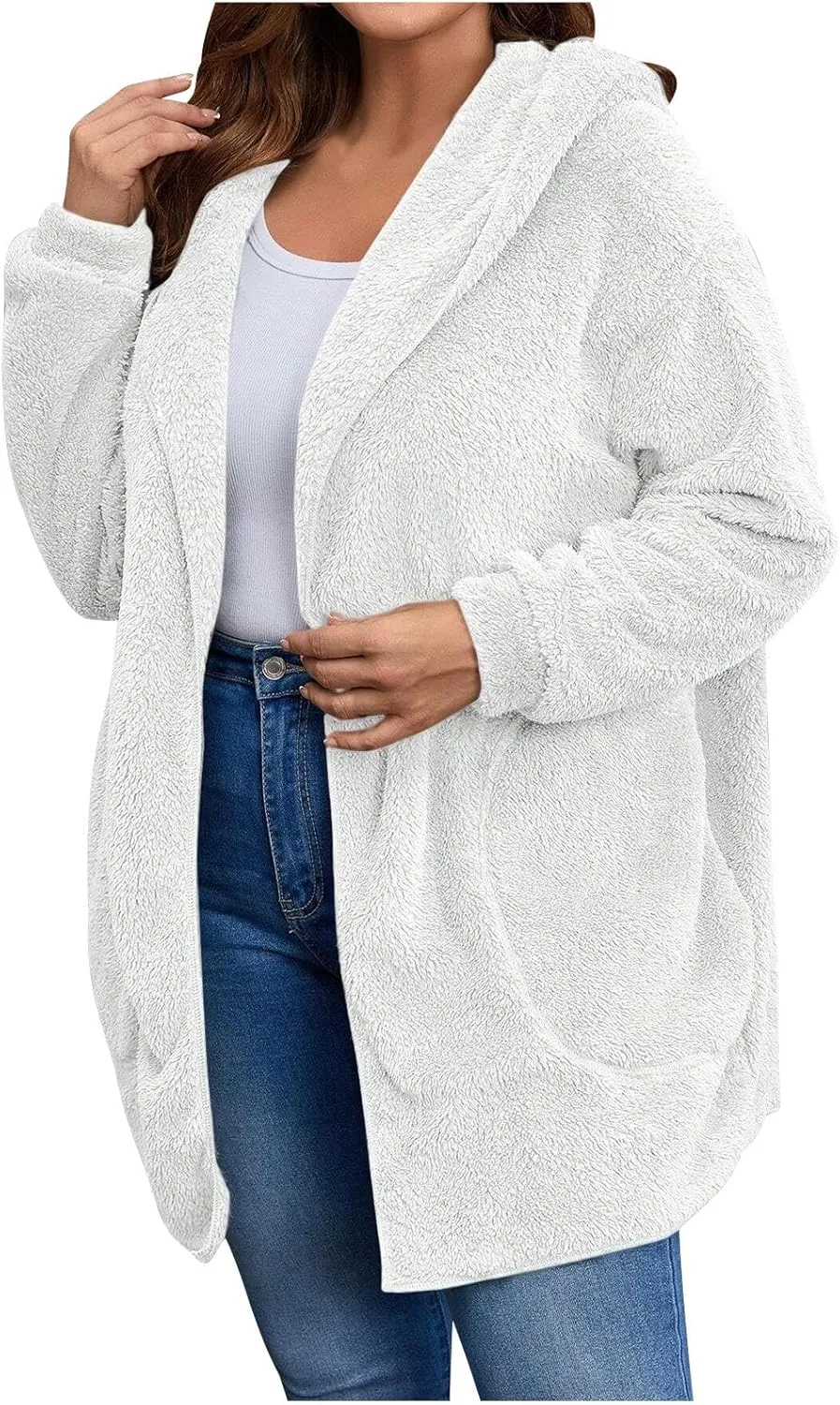 jovati Womens Winter Long Sleeve Solid Fuzzy Fleece Open Front Hooded Cardigans Jacket Coats Outerwear with Pocket 2024