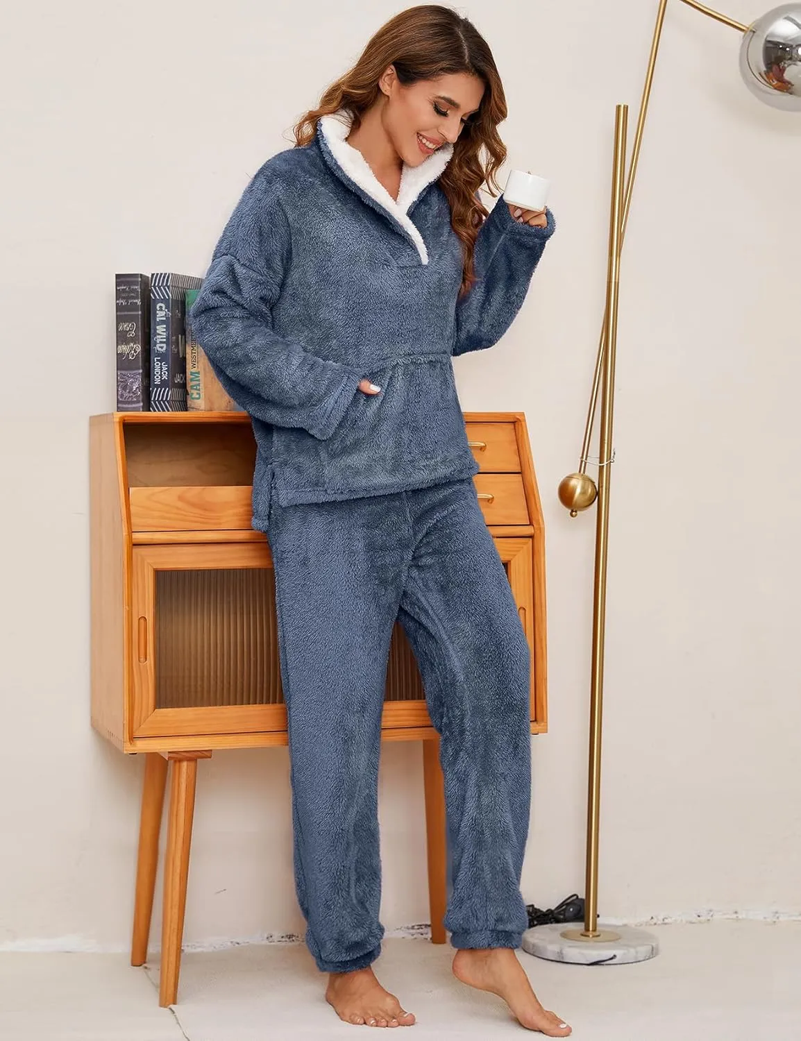 Kissonic Women's Fluffy Pajama Set Fleece Pullover Pants Fuzzy Lounge Set Cozy Winter Pj Sleepwear with Pockets