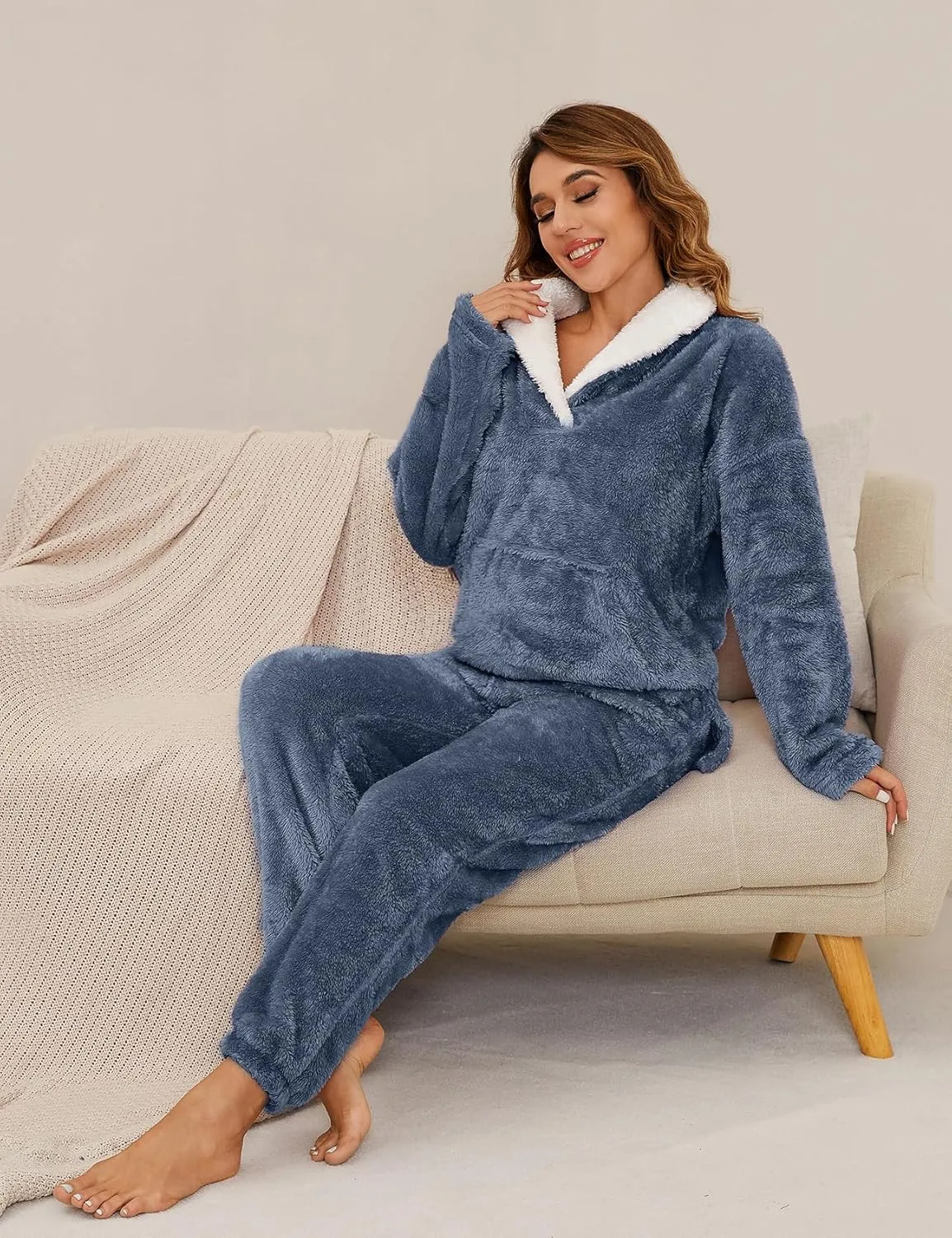 Kissonic Women's Fluffy Pajama Set Fleece Pullover Pants Fuzzy Lounge Set Cozy Winter Pj Sleepwear with Pockets
