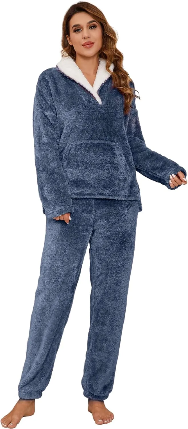 Kissonic Women's Fluffy Pajama Set Fleece Pullover Pants Fuzzy Lounge Set Cozy Winter Pj Sleepwear with Pockets