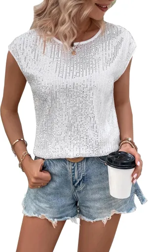 KOJOOIN Sequin Tops for Women Crewneck Sleeveless Sparkly Sexy Crop Tank Top Clubwear Camisole Vest