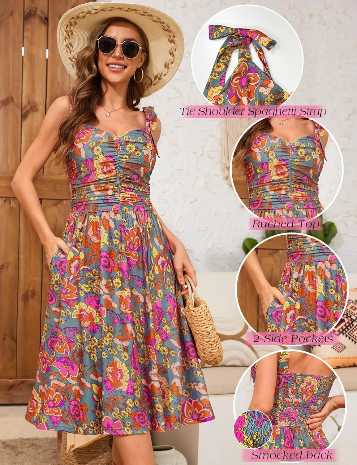 Kranda Women 2025 Summer Casual Spaghetti Strap Sundress V Neck Sleeveless Flowy Boho Floral Midi Dress with Pockets