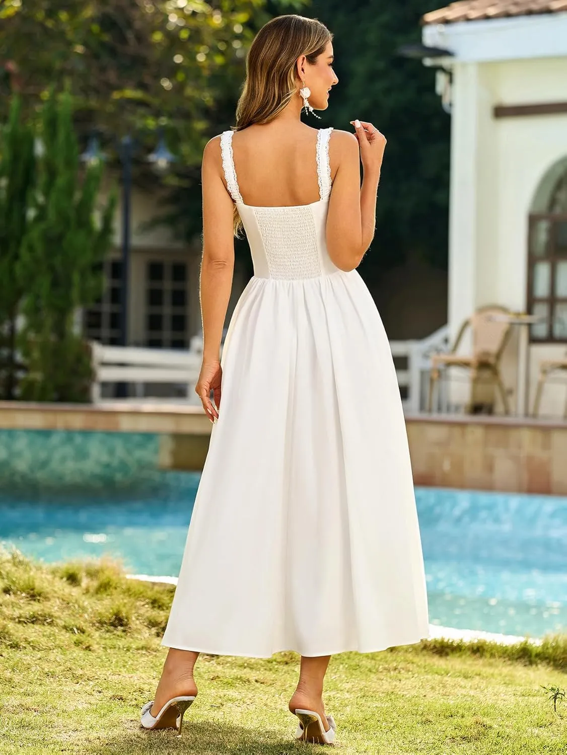 KUTUMAI Women Summer Lace Square Neck Midi Dress Corset Smocked Flowy A Line Beach Wedding Guest Dresses with Pockets