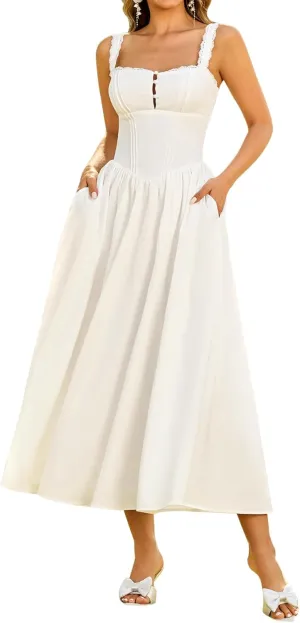 KUTUMAI Women Summer Lace Square Neck Midi Dress Corset Smocked Flowy A Line Beach Wedding Guest Dresses with Pockets