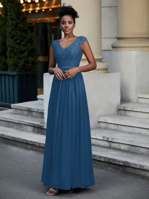Lace and Chiffon Maxi Dress with Cap Sleeves-Ink Blue