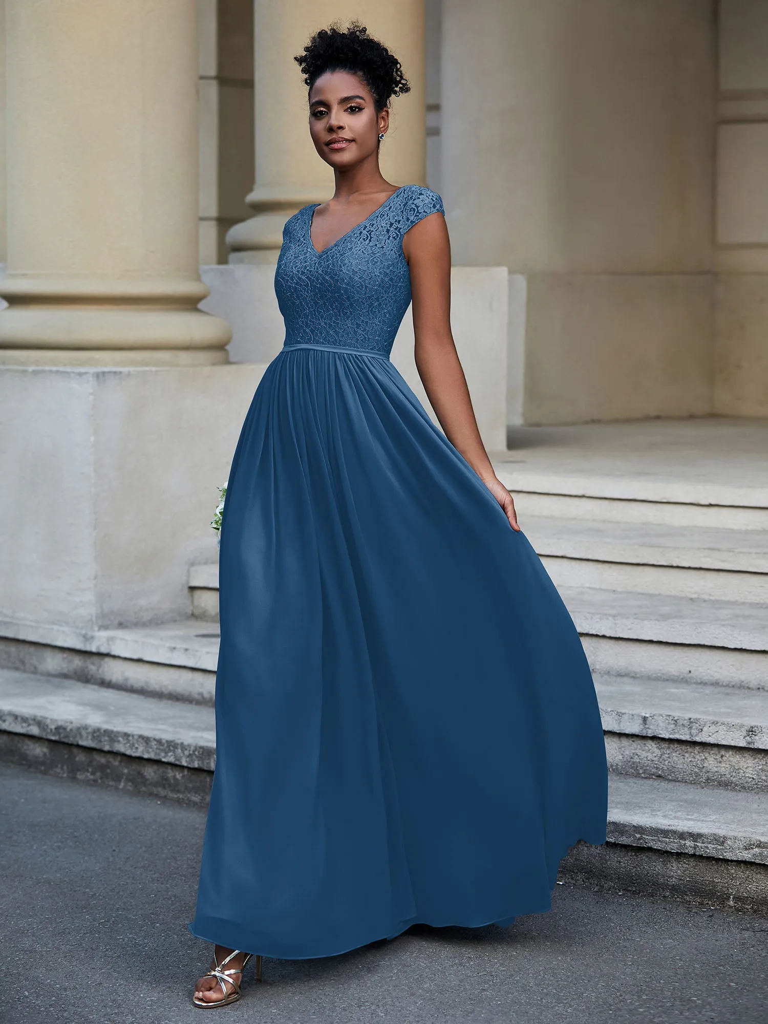 Lace and Chiffon Maxi Dress with Cap Sleeves-Ink Blue