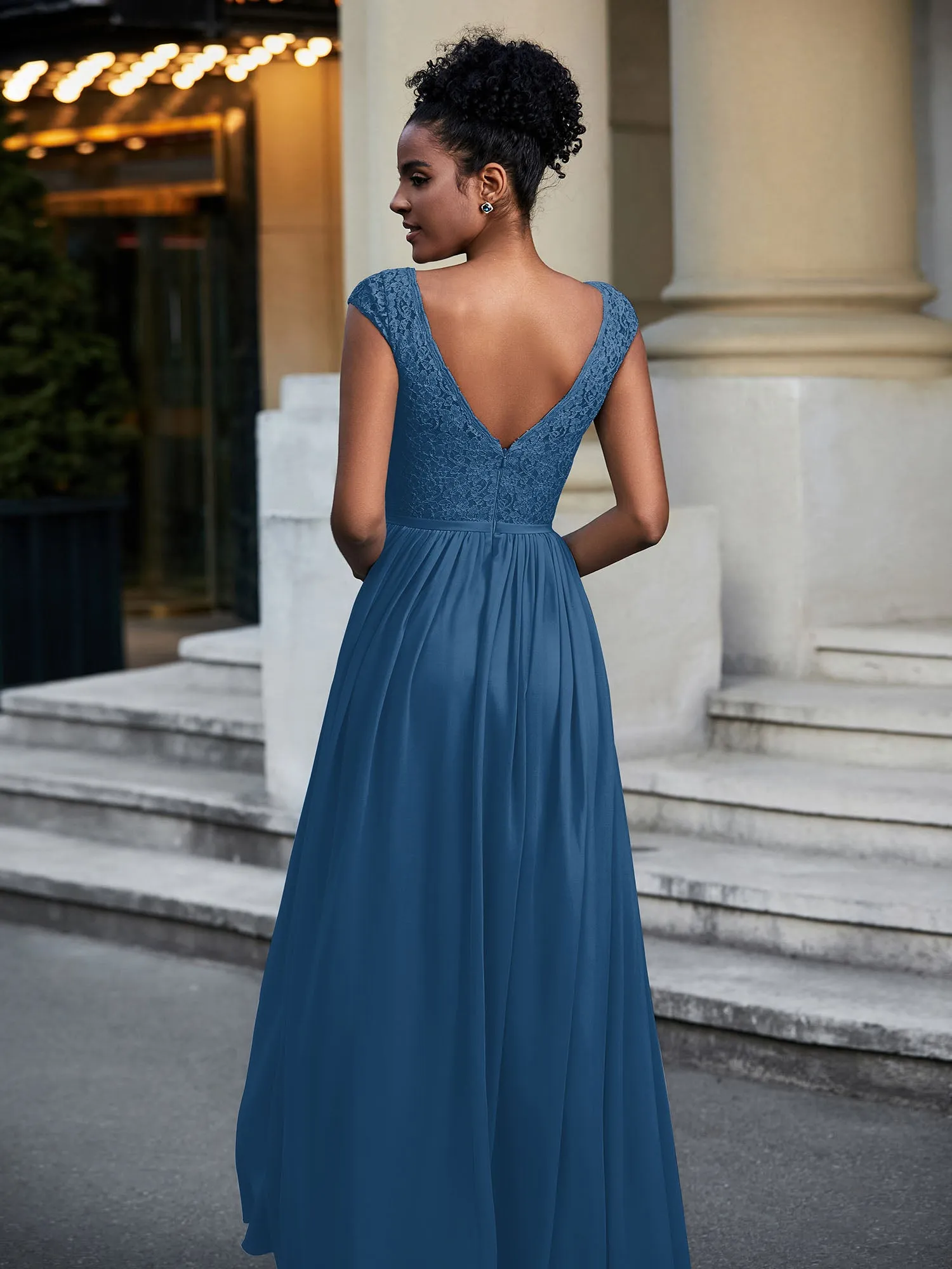 Lace and Chiffon Maxi Dress with Cap Sleeves-Ink Blue