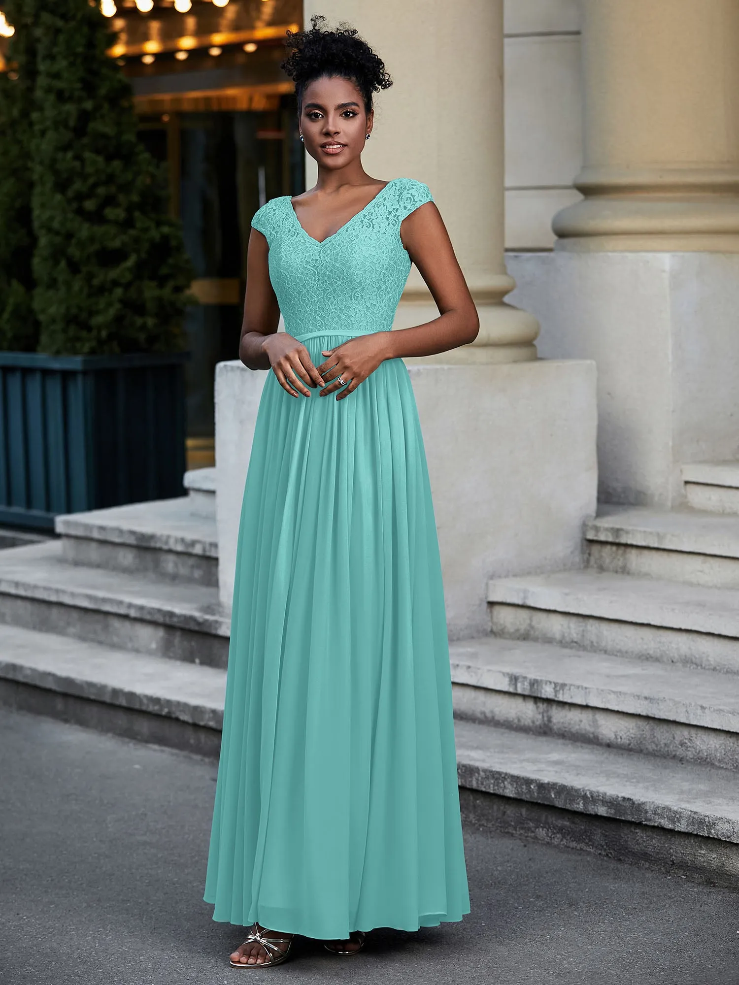 Lace and Chiffon Maxi Dress with Cap Sleeves-Spa
