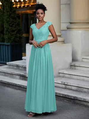 Lace and Chiffon Maxi Dress with Cap Sleeves-Spa