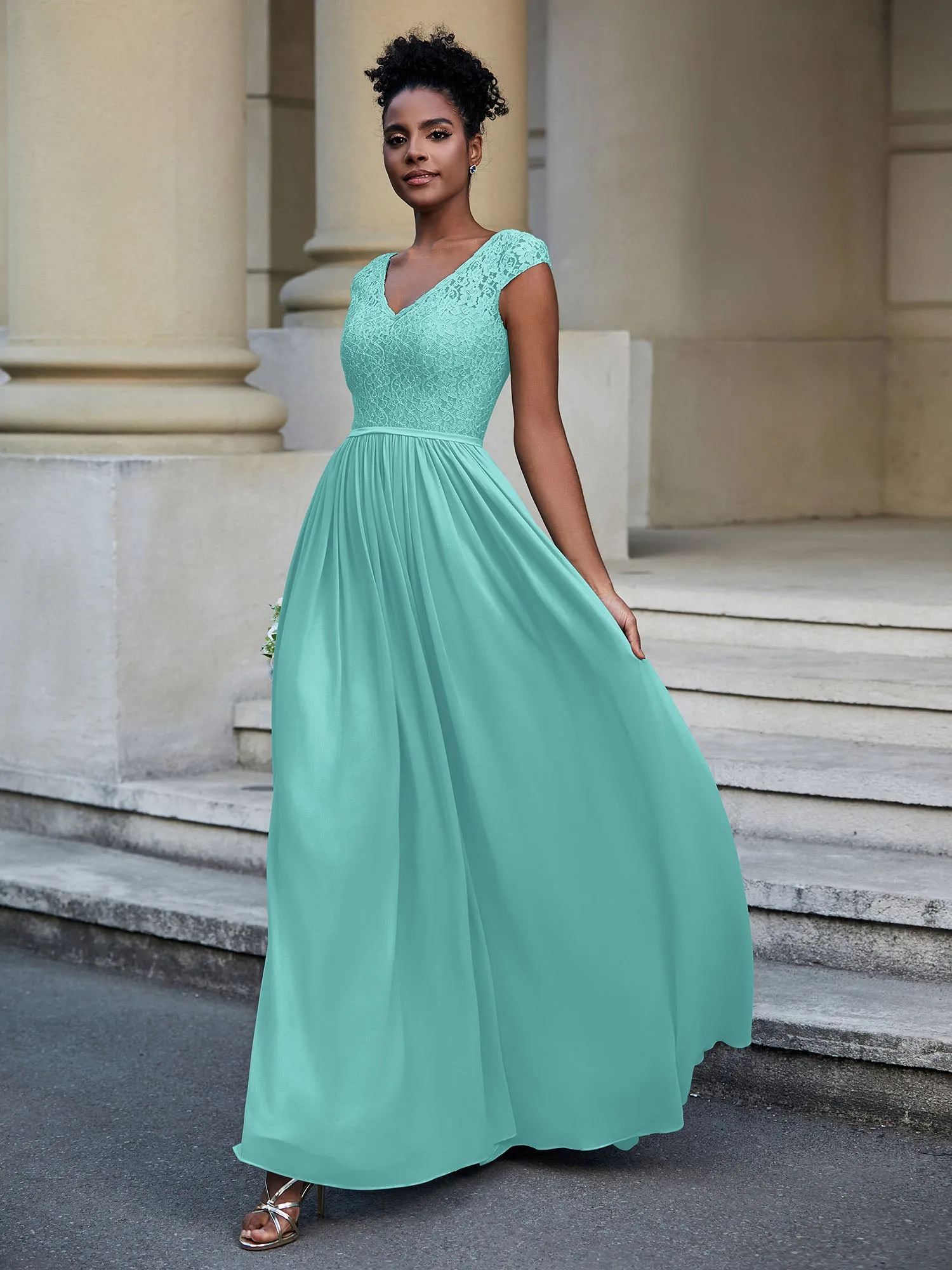 Lace and Chiffon Maxi Dress with Cap Sleeves-Spa