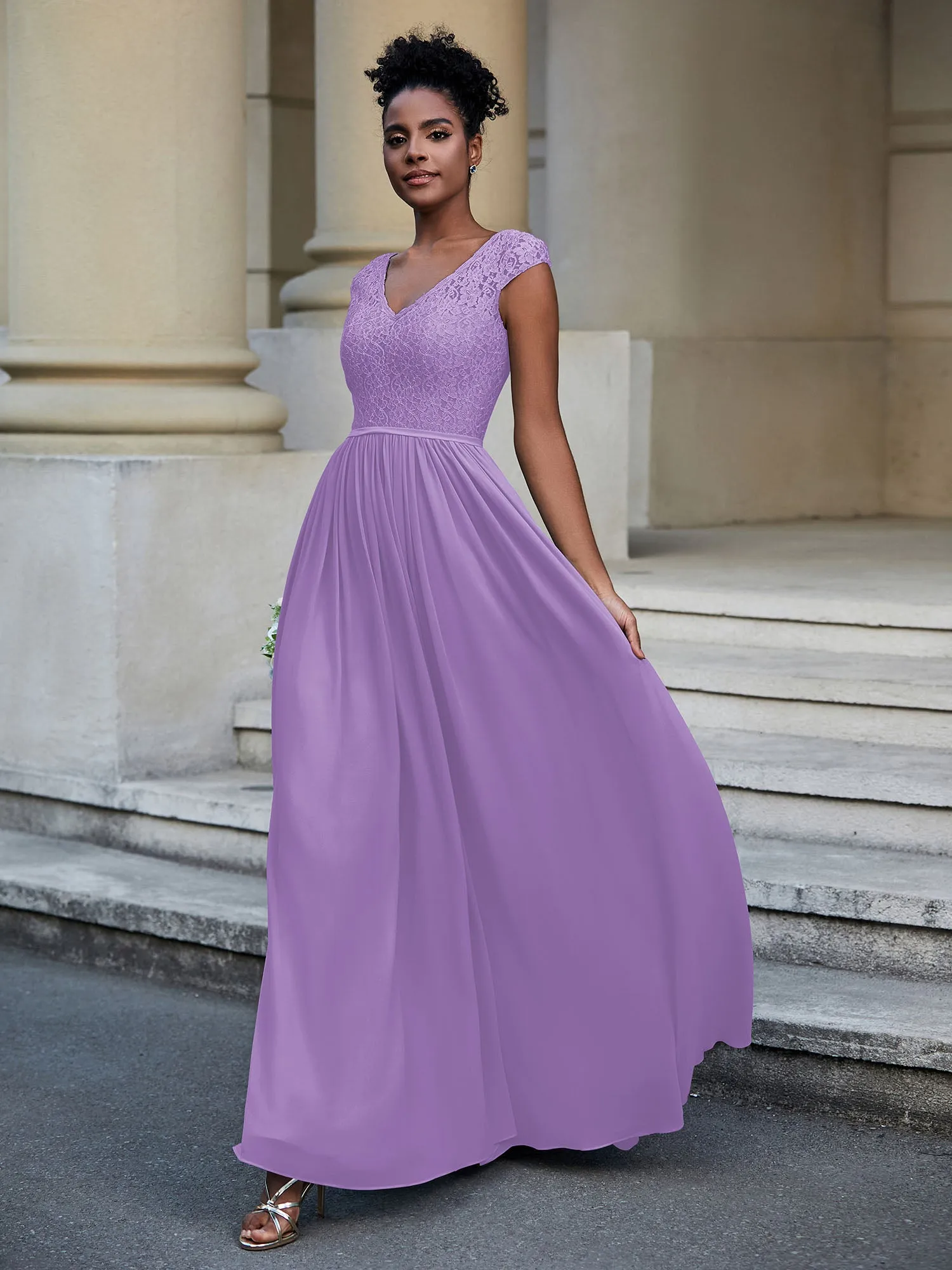 Lace and Chiffon Maxi Dress with Cap Sleeves-Tahiti Plus Size
