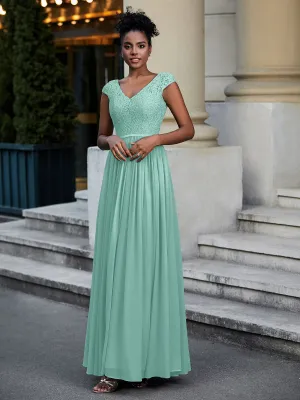 Lace and Chiffon Maxi Dress with Cap Sleeves-Turquoise
