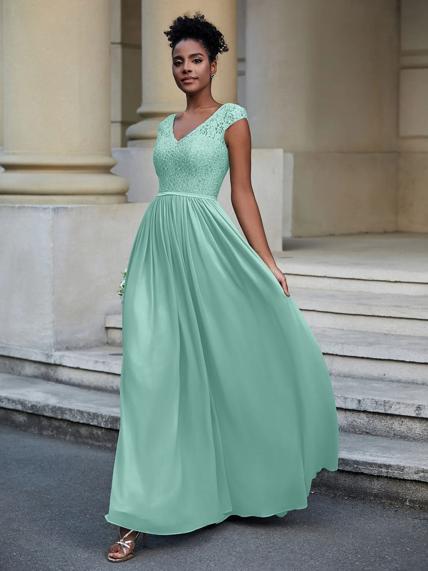Lace and Chiffon Maxi Dress with Cap Sleeves-Turquoise